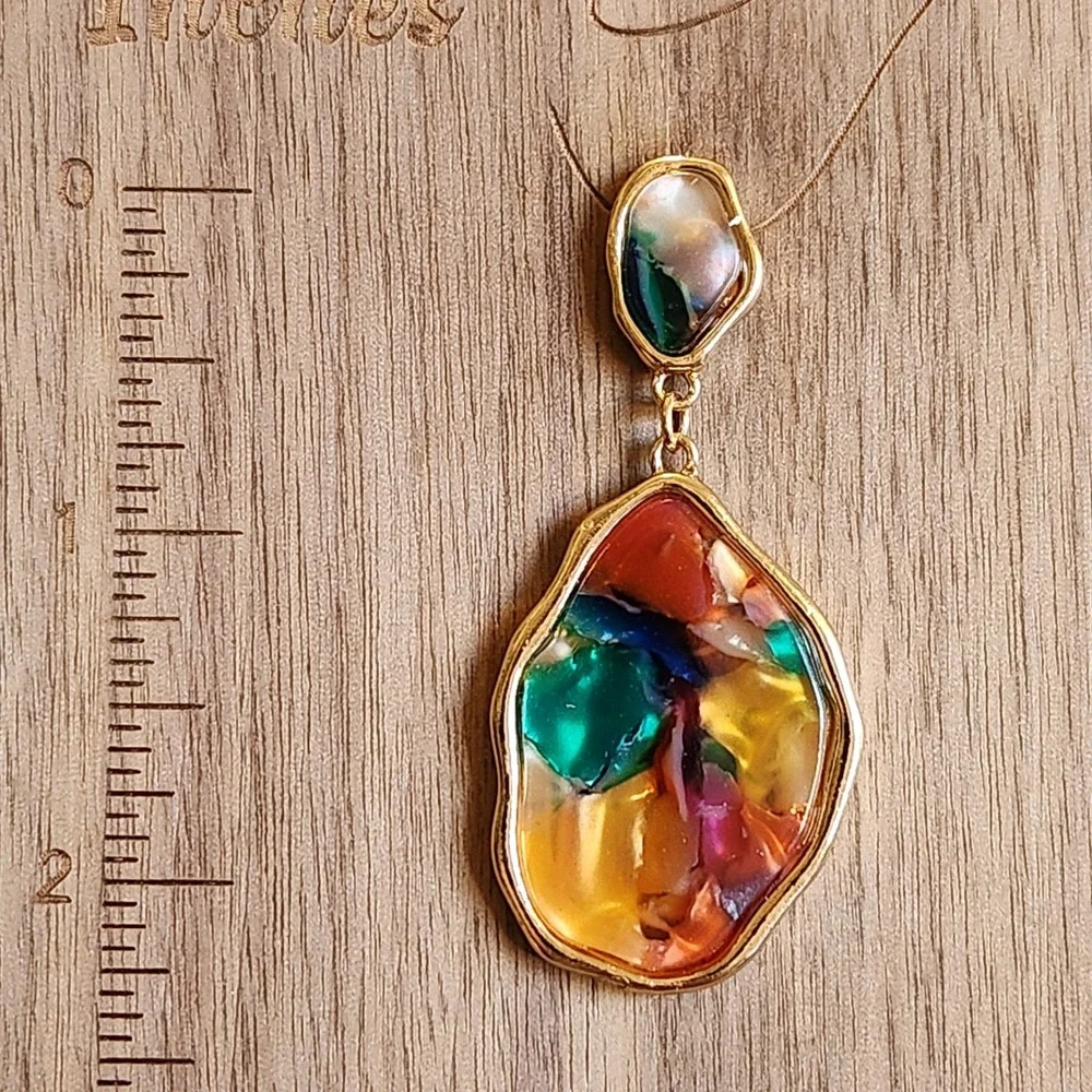Multicolor Resin Mosaic Gold Tone Organic Shape Drop Dangle Earrings Statement